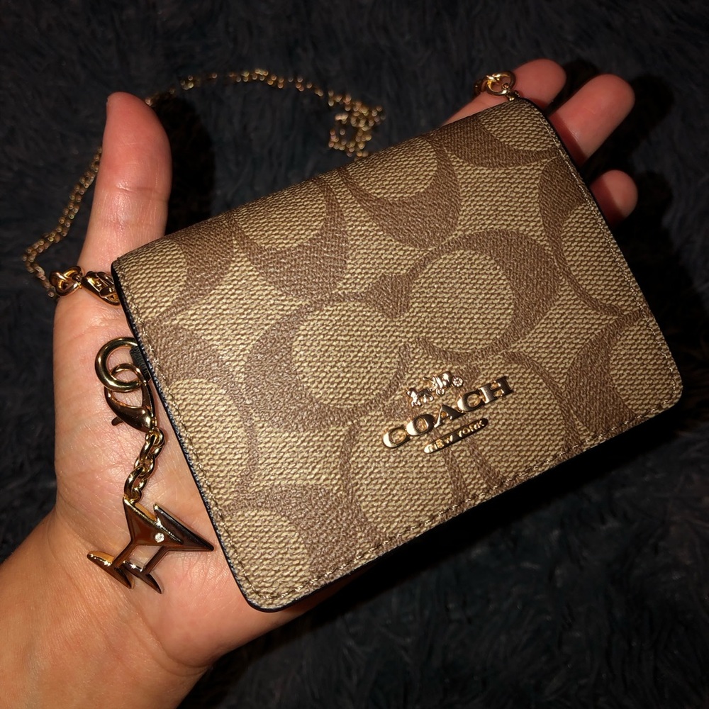 New Coach Brown C Printed Mini Wallet On Chain